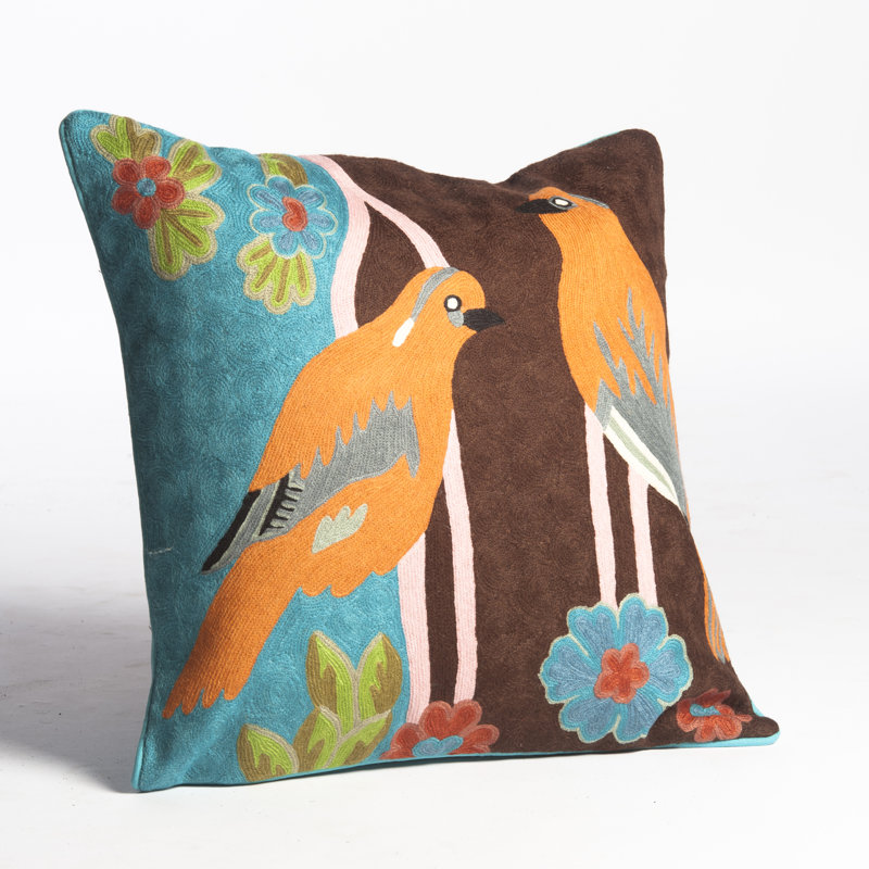 Abigails Crewel Pair of Birds Embroidery Wool Throw Pillow & Reviews